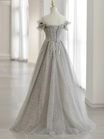 Hübsches A-Linien-Kleid mit Carmenausschnitt, Pailletten, langes Abendkleid, Ballkleid PD0056