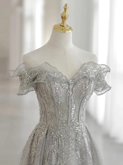 Hübsches A-Linien-Kleid mit Carmenausschnitt, Pailletten, langes Abendkleid, Ballkleid PD0056