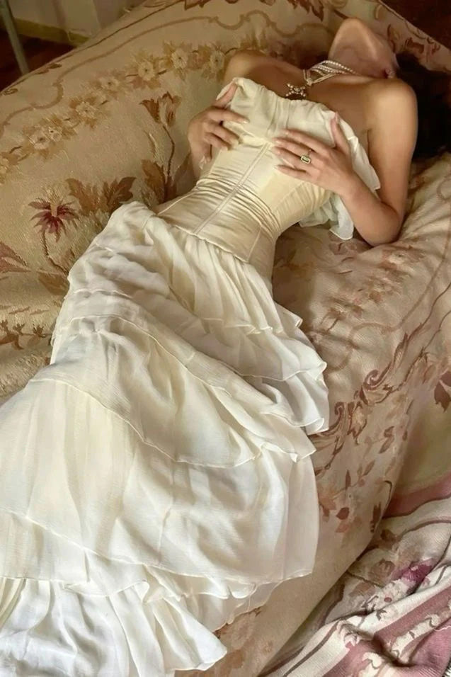 Classy A Line Strapless White Chiffon Long Classy Evening Dress Classy Prom Dress main image 0