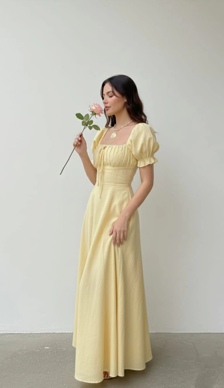 Light Yellow A-line Prom Dress with Puff Sleeves P1673 PreppyDress Light Yellow A-line Prom Dress with Puff Sleeves P1673 PreppyDress