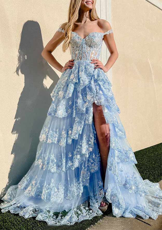 Robe de bal longue bleu marine en tulle et paillettes avec col bustier et coupe trapèze P631