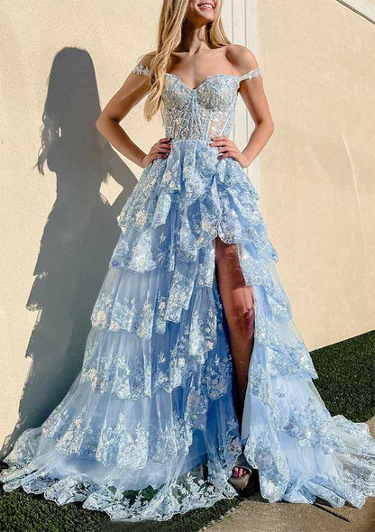 Robe de bal longue bleu marine en tulle et paillettes avec col bustier et coupe trapèze P631