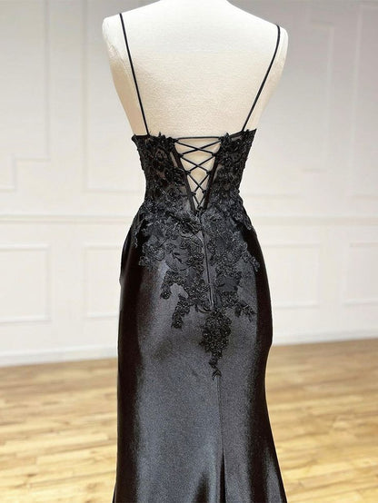 Robe de bal longue en satin et dentelle à col en V, Robe de soirée longue en dentelle Tenues d'anniversaire P444