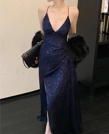 Wunderschönes, glänzendes Paillettenkleid, sexy rückenfreies Abend-Ballkleid, langes, enges Kleid P1607