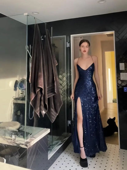 Wunderschönes, glänzendes Paillettenkleid, sexy rückenfreies Abend-Ballkleid, langes, enges Kleid P1607