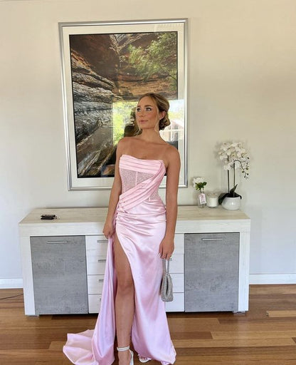 Sexy 17th Birthday Dresses Strapless Mermaid Prom Dresses for Black Girls Thigh-High Slits Pleats Beading Birthday Outfits P364