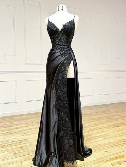 Robe de bal longue en satin et dentelle à col en V, Robe de soirée longue en dentelle Tenues d'anniversaire P444