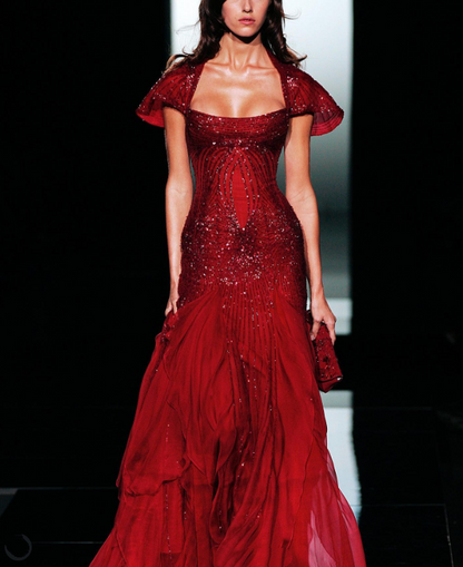 Classy Mermaid U Neckline Short Sleeves Burgundy Long Prom Dresses Evening Gowns P2318