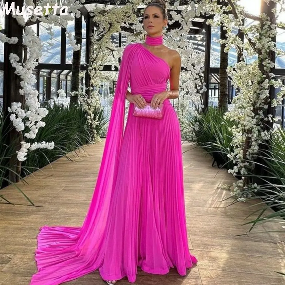 Elegant Long Chiffon Hot Pink Evening Dresses With Cape A-Line One Sho – PreppyDress