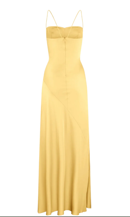 Sexy A line Spaghetti Straps Yellow Party Dress Slit Prom Dress P842