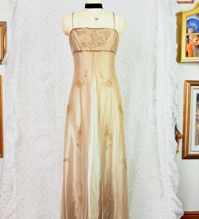 Vintage A Line Spaghetti Straps Gold Long Prom Dresses Party Evening Dress P2454