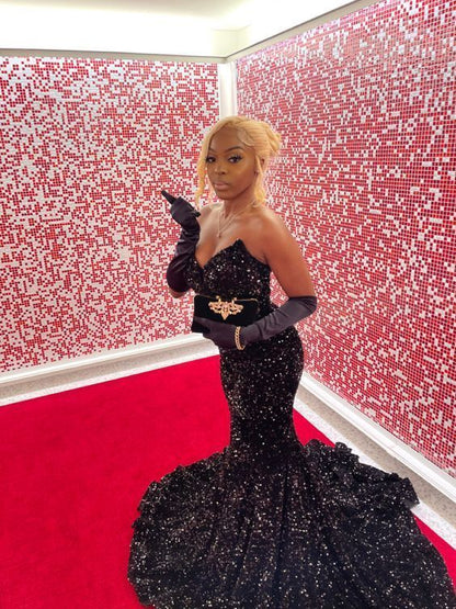 Robes de bal longues sirène à paillettes noires, tenues d'anniversaire pour les 22 ans avec manches P429