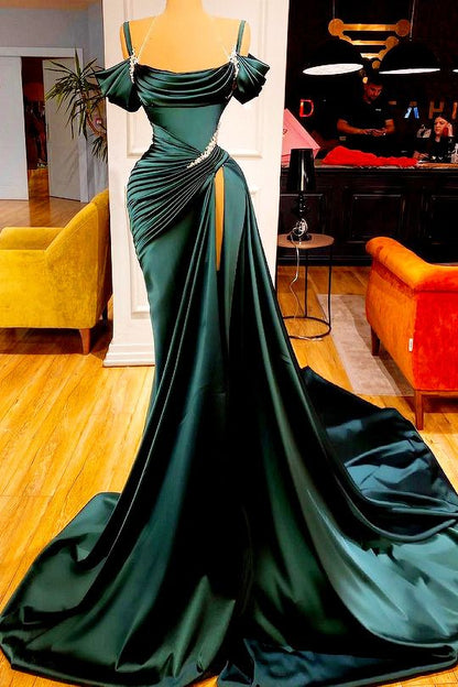 Meerjungfrau Grün schulterfreies Ballkleid mit Schlitz, lange Ballkleider P536
