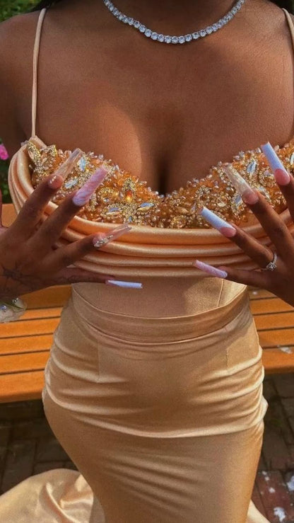Träger Abiballkleider Perlen Mieder Glitzerndes Abschlussballkleid Geburtstagsoutfits P376
