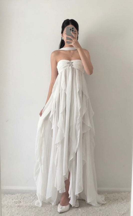 Simple Strapless White Chiffon Prom Dress Sleeveless Evening Dresses P267