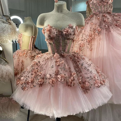 Chic Pink Prom Dresses Hand Made Flowers 18th Birthday Outfits P1841