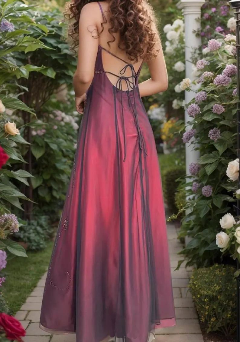 Chic A line Spaghetti Straps Burgundy Sleeveless Evening Dress Tulle Long  Prom Dresses P2339