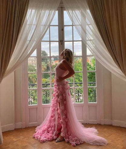 Sexy A-Linie Sweetheart Ärmelloses Partykleid Pink mit Schlitz und Blumen Abschlussballkleid P861