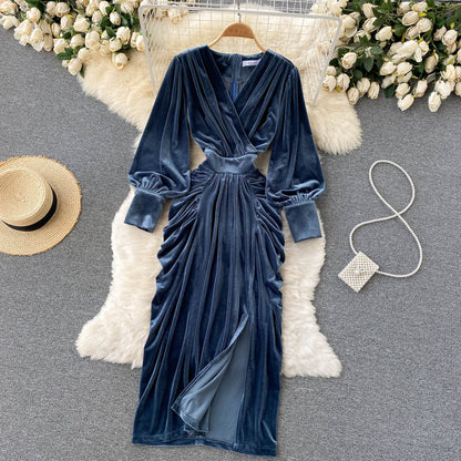 Blaues V-Ausschnitt Samtkleid, Langarm-Modekleid P275