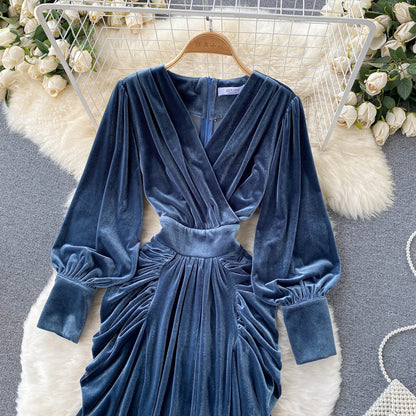 Blaues V-Ausschnitt Samtkleid, Langarm-Modekleid P275