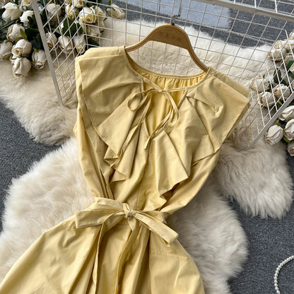 Niedliches A-Linien-Kleid mit kurzen Ärmeln, gelbes Modekleid P272