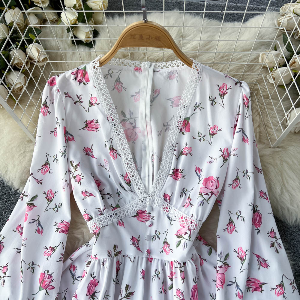 White V-neck Floral Long Sleeve Dress P266