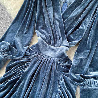 Blaues V-Ausschnitt Samtkleid, Langarm-Modekleid P275