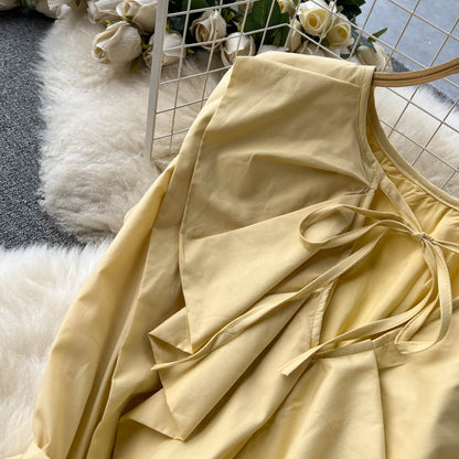 Niedliches A-Linien-Kleid mit kurzen Ärmeln, gelbes Modekleid P272