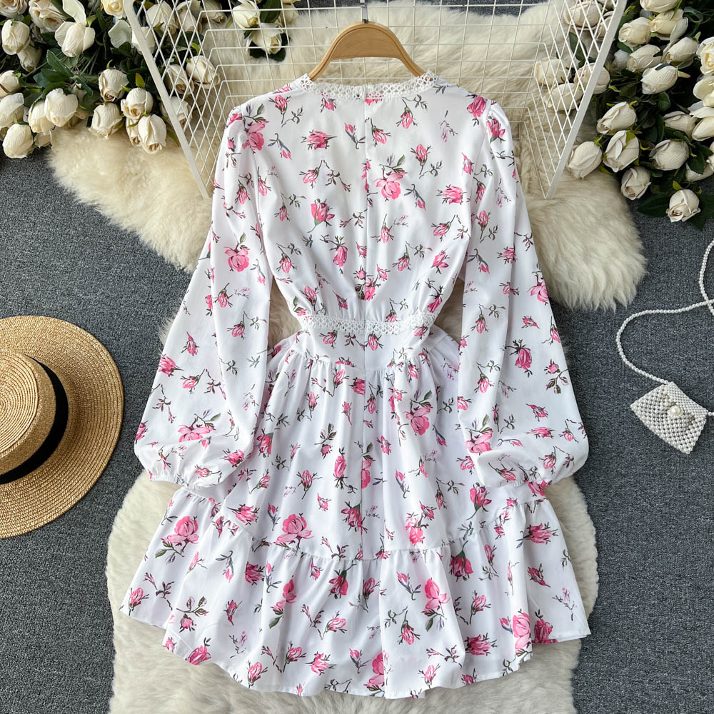 White V-neck Floral Long Sleeve Dress P266