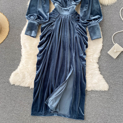 Blaues V-Ausschnitt Samtkleid, Langarm-Modekleid P275