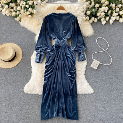 Blaues V-Ausschnitt Samtkleid, Langarm-Modekleid P275