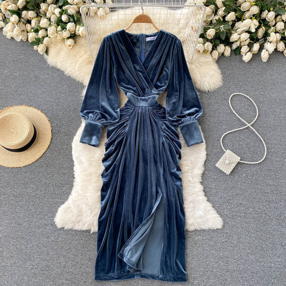 Blaues V-Ausschnitt Samtkleid, Langarm-Modekleid P275