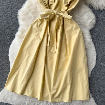Niedliches A-Linien-Kleid mit kurzen Ärmeln, gelbes Modekleid P272