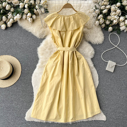 Niedliches A-Linien-Kleid mit kurzen Ärmeln, gelbes Modekleid P272