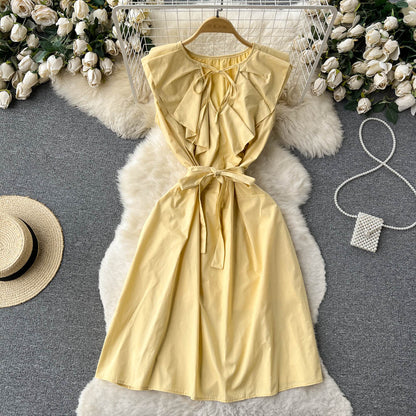 Niedliches A-Linien-Kleid mit kurzen Ärmeln, gelbes Modekleid P272