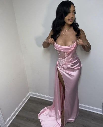 Sexy 17th Birthday Dresses Strapless Mermaid Prom Dresses for Black Girls Thigh-High Slits Pleats Beading Birthday Outfits P364