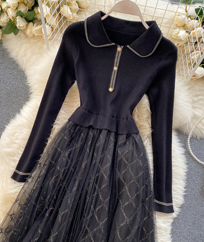 Élégante Robe Tricotée avec Épissures en Tulle P319