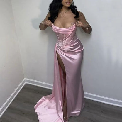 Sexy 17th Birthday Dresses Strapless Mermaid Prom Dresses for Black Girls Thigh-High Slits Pleats Beading Birthday Outfits P364