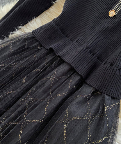 Élégante Robe Tricotée avec Épissures en Tulle P319