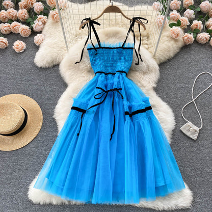 Süßes kurzes blaues A-Linien-Tüllkleid Modekleid P292