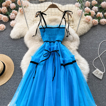 Süßes kurzes blaues A-Linien-Tüllkleid Modekleid P292