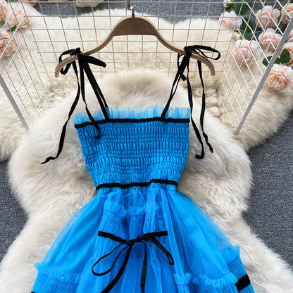 Süßes kurzes blaues A-Linien-Tüllkleid Modekleid P292