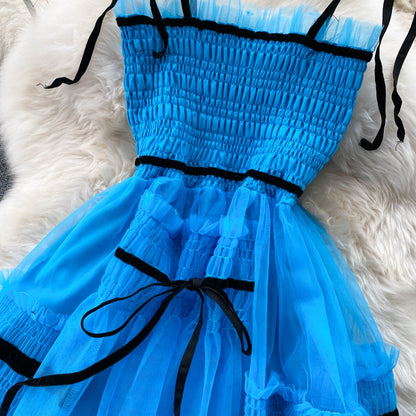 Süßes kurzes blaues A-Linien-Tüllkleid Modekleid P292