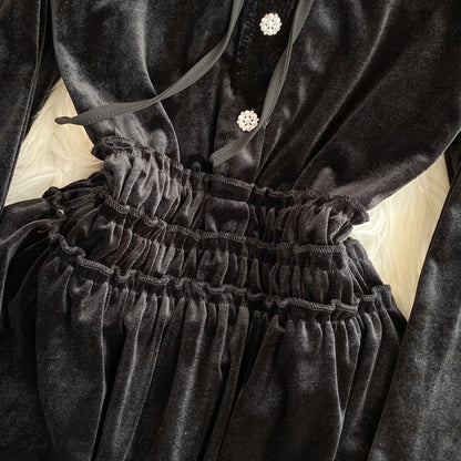 Schwarzes A-Linien-Kleid aus Samt mit langen Ärmeln, Schwarzes Modekleid P288