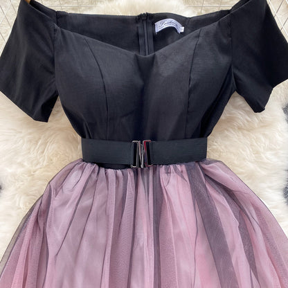 Schwarz-Rosa Tüll Kurz A-Linien-Kleid Fashion Kleid P291