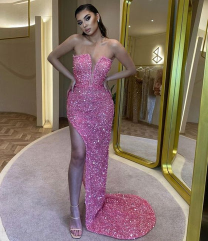 Sexy Birthday Dresses Pink Slit Sequin Prom Dresses Birthday Outfits P