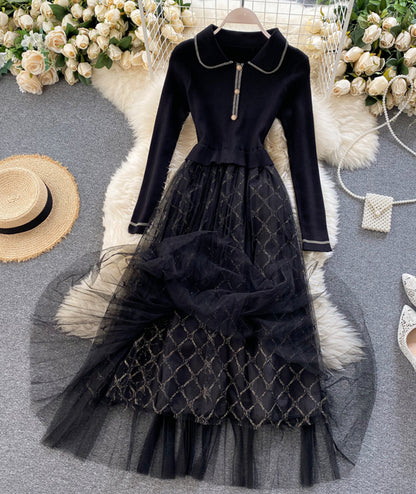 Élégante Robe Tricotée avec Épissures en Tulle P319