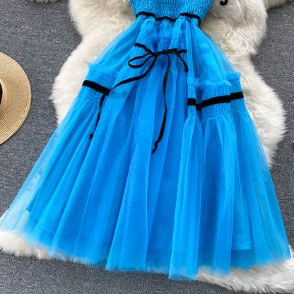 Süßes kurzes blaues A-Linien-Tüllkleid Modekleid P292