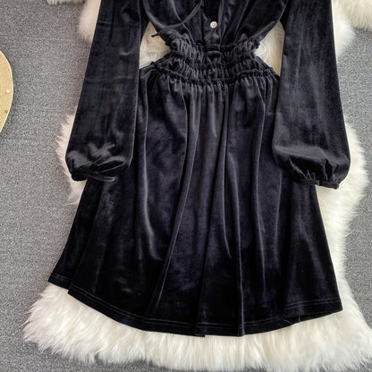 Schwarzes A-Linien-Kleid aus Samt mit langen Ärmeln, Schwarzes Modekleid P288