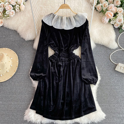 Schwarzes A-Linien-Kleid aus Samt mit langen Ärmeln, Schwarzes Modekleid P288